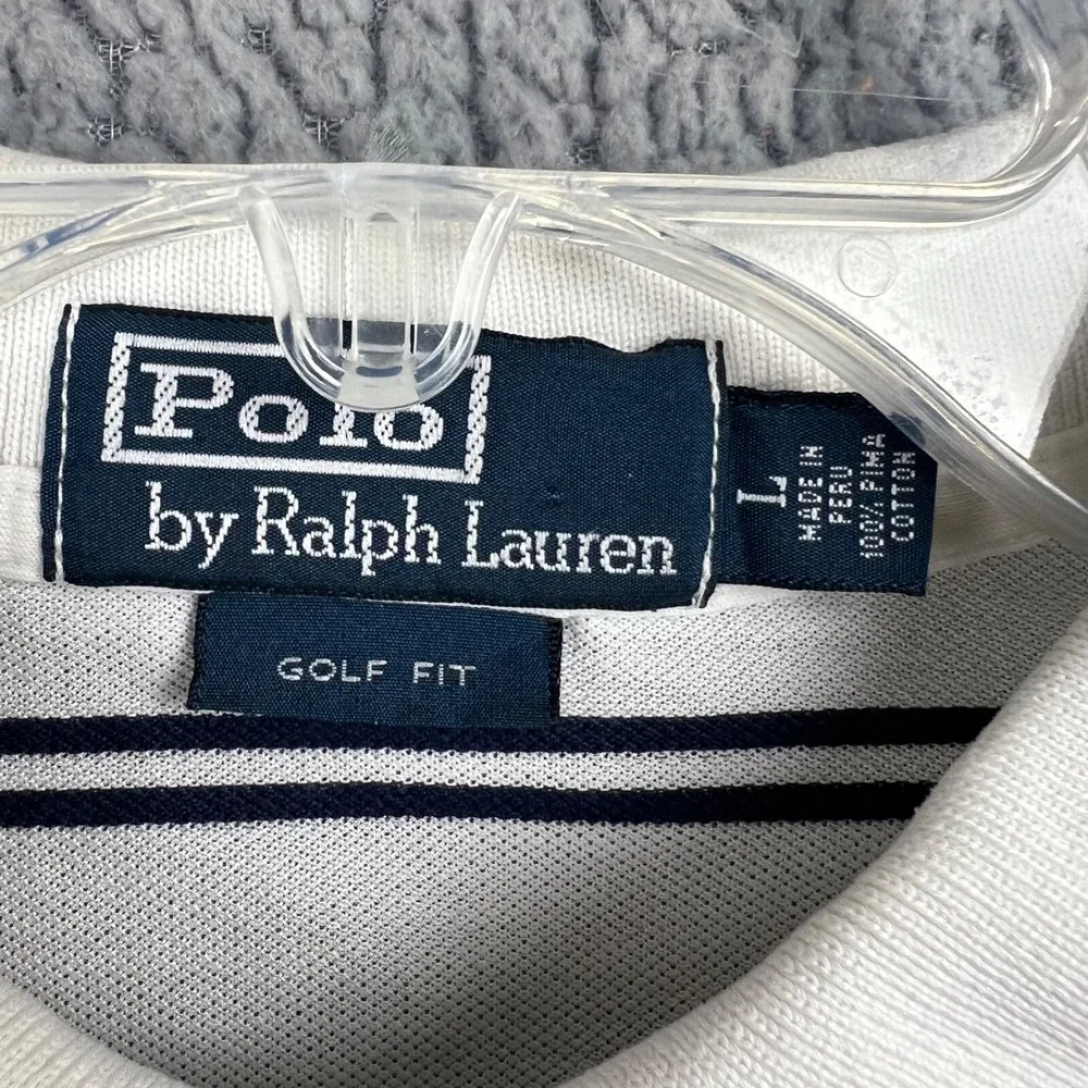 Ralph Lauren Polo Shirt Mens Large White Blue Striped Golf Fit Casual‎ Supima
